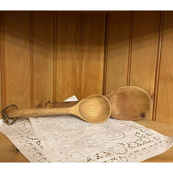 Set of 2 Vintage Hand Carved Rustic Primitive Wood Spoons Leather Hanger - Picture 1 of 5
